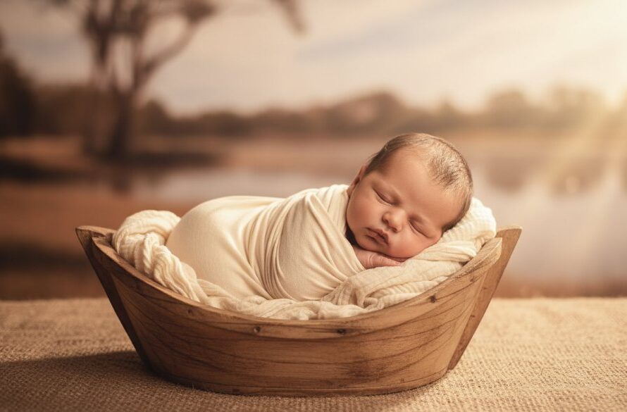 A breathtaking and serene "Echuca newborn photography timeless heirlooms" portrait featuring a sleeping baby swaddled in soft fabrics, bathed in warm, ethereal light from a large window, with the gentle blur of the Murray River landscape in the background, creating an epic moment of peace and new life.