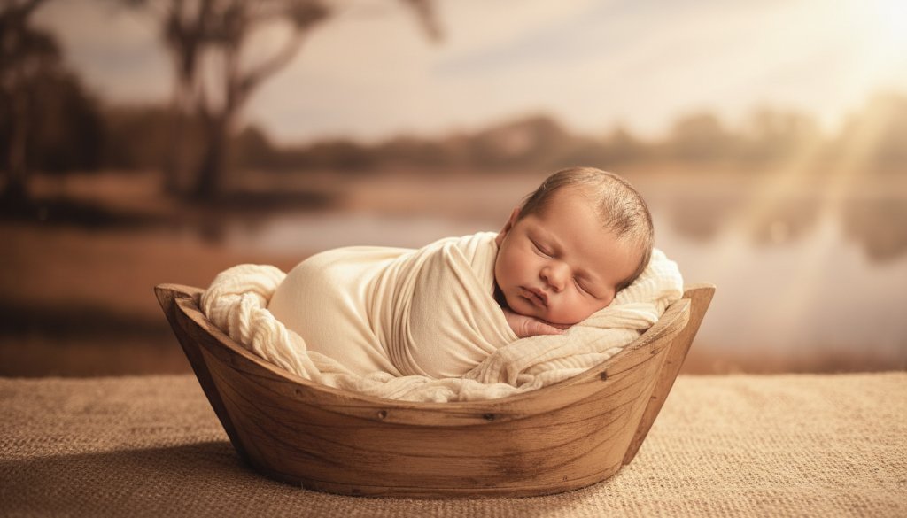 A breathtaking and serene "Echuca newborn photography timeless heirlooms" portrait featuring a sleeping baby swaddled in soft fabrics, bathed in warm, ethereal light from a large window, with the gentle blur of the Murray River landscape in the background, creating an epic moment of peace and new life.