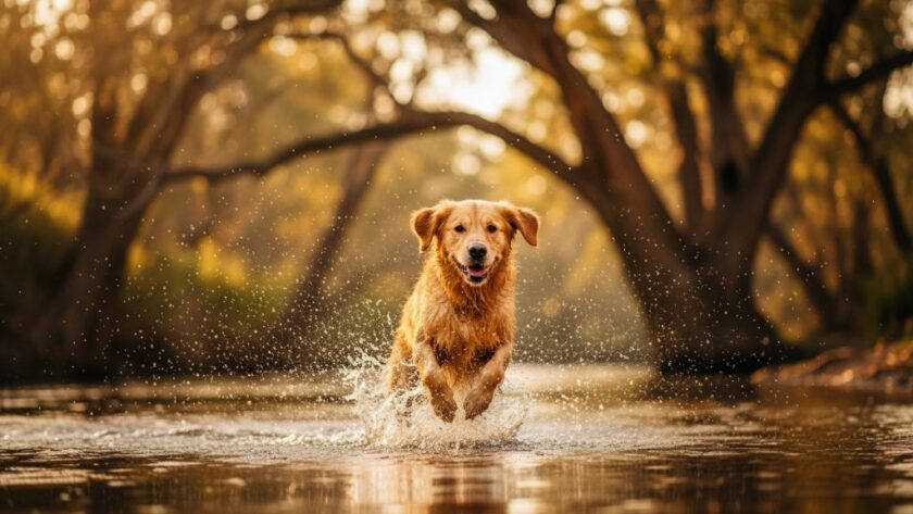 A golden retriever joyfully leaping through golden hour light by the Murray River, embodying Echuca pet photography capturing unique dog personalities, captured in a professional, cinematic style.