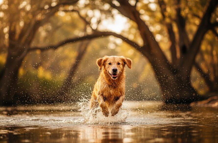 A golden retriever joyfully leaping through golden hour light by the Murray River, embodying Echuca pet photography capturing unique dog personalities, captured in a professional, cinematic style.