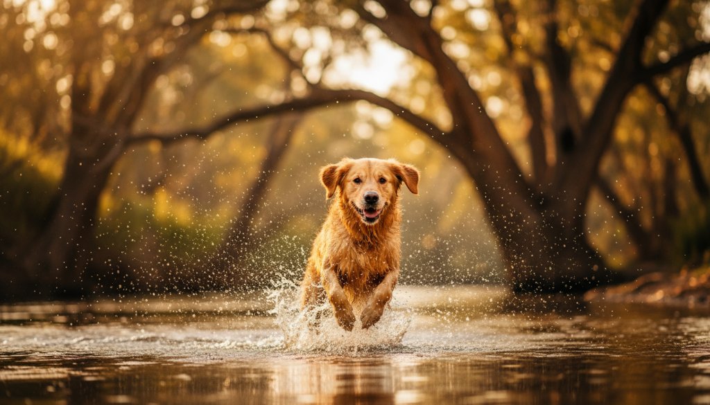 A golden retriever joyfully leaping through golden hour light by the Murray River, embodying Echuca pet photography capturing unique dog personalities, captured in a professional, cinematic style.
