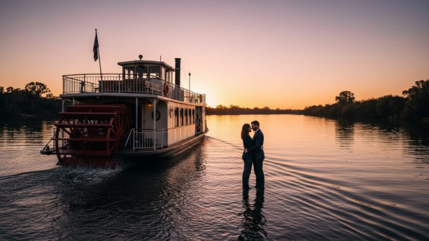 A stunning wide shot capturing a couple embracing on the deck of a historic paddle steamer on the Murray River at golden hour, showcasing the magic of Echuca pre-wedding photography paddle steamer golden hour.