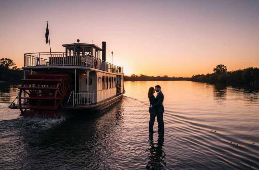 A stunning wide shot capturing a couple embracing on the deck of a historic paddle steamer on the Murray River at golden hour, showcasing the magic of Echuca pre-wedding photography paddle steamer golden hour.