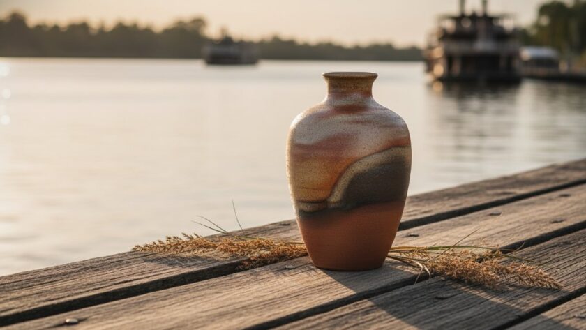 Epic shot for Echuca product photography for local artisans: a handcrafted ceramic vase on a weathered timber dock by the Murray River, dramatically lit by golden hour sun, showcasing its texture and form.
