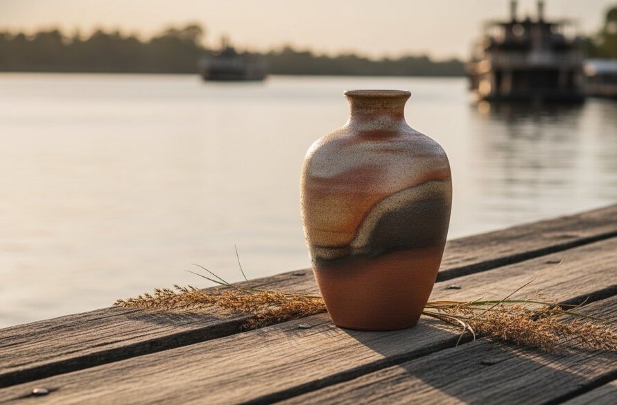 Epic shot for Echuca product photography for local artisans: a handcrafted ceramic vase on a weathered timber dock by the Murray River, dramatically lit by golden hour sun, showcasing its texture and form.