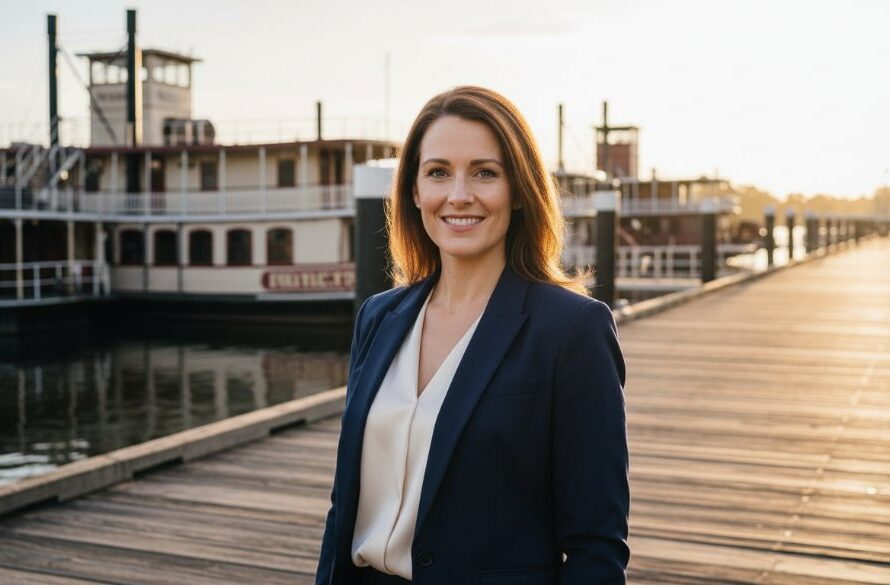 A confident business professional, with a warm smile, poses for an epic Echuca professional headshots for career growth portrait near the historic Port of Echuca, bathed in golden hour light, showing genuine approachability and ambition.