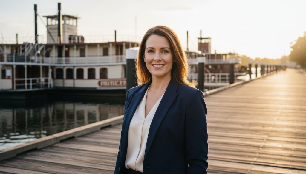 A confident business professional, with a warm smile, poses for an epic Echuca professional headshots for career growth portrait near the historic Port of Echuca, bathed in golden hour light, showing genuine approachability and ambition.