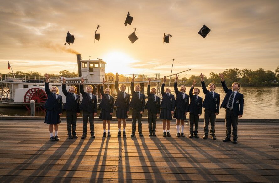 An emotionally resonant, wide-angle cinematic photograph capturing Echuca school photography capturing authentic student milestones, showing a group of primary school children laughing joyfully on the historic paddle steamer 'PS Adelaide' deck, sun-drenched, with the Murray River in the background. The scene is bathed in golden hour light, highlighting genuine expressions of friendship and achievement.
