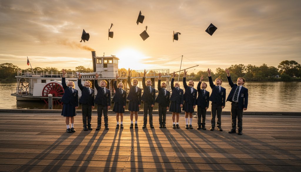 An emotionally resonant, wide-angle cinematic photograph capturing Echuca school photography capturing authentic student milestones, showing a group of primary school children laughing joyfully on the historic paddle steamer 'PS Adelaide' deck, sun-drenched, with the Murray River in the background. The scene is bathed in golden hour light, highlighting genuine expressions of friendship and achievement.