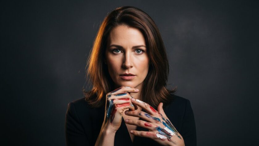 An emotionally resonant, wide-angle, professional studio photograph capturing an individual's intense, creative spirit during an Echuca studio photography for creative portraits session, with dramatic backlighting and deep shadows.