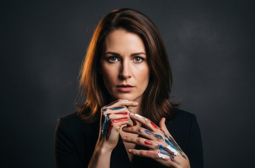 An emotionally resonant, wide-angle, professional studio photograph capturing an individual's intense, creative spirit during an Echuca studio photography for creative portraits session, with dramatic backlighting and deep shadows.