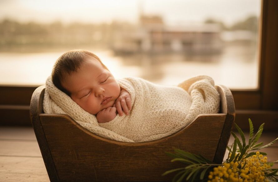 A serene, close-up portrait capturing Echuca Victoria newborn photography cherished moments, featuring a peacefully sleeping baby swaddled in soft, earthy tones, with gentle light filtering through a window, creating a dreamlike glow. The baby's tiny hand rests gently against its cheek, evoking a sense of calm and new beginnings, photographed with a shallow depth of field for an artistic, professional feel.