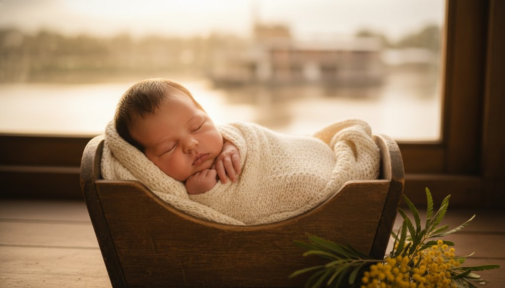 A serene, close-up portrait capturing Echuca Victoria newborn photography cherished moments, featuring a peacefully sleeping baby swaddled in soft, earthy tones, with gentle light filtering through a window, creating a dreamlike glow. The baby's tiny hand rests gently against its cheek, evoking a sense of calm and new beginnings, photographed with a shallow depth of field for an artistic, professional feel.