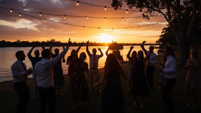 Dynamic wide-angle shot of a vibrant Echuca Waterfront Party Photography Capturing Joy, with guests silhouetted against a spectacular sunset over the Murray River, laughter frozen in time, professionally colour-graded.