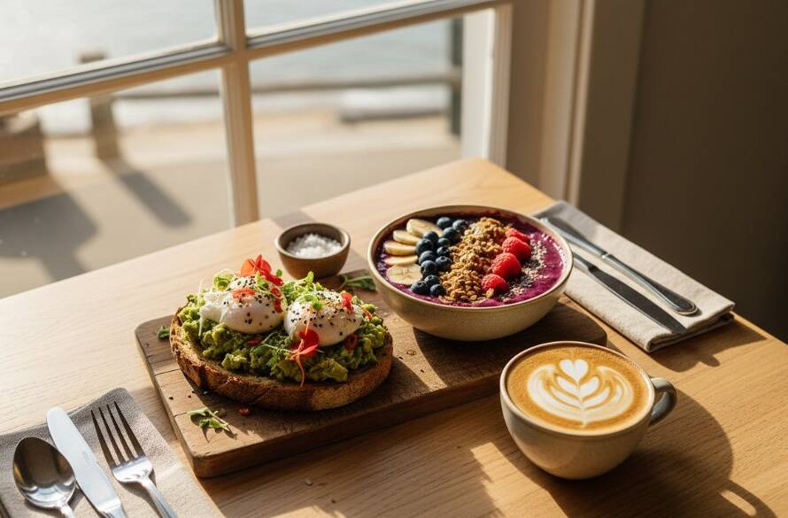 Dramatic overhead shot showcasing meticulously styled gourmet dishes from an Edithvale artisanal cafe food photography session, featuring vibrant colours and exquisite textures under soft, natural light, capturing the essence of local dining.