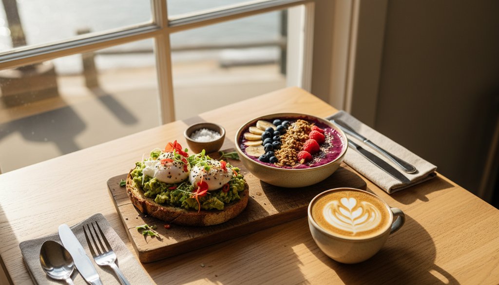 Dramatic overhead shot showcasing meticulously styled gourmet dishes from an Edithvale artisanal cafe food photography session, featuring vibrant colours and exquisite textures under soft, natural light, capturing the essence of local dining.