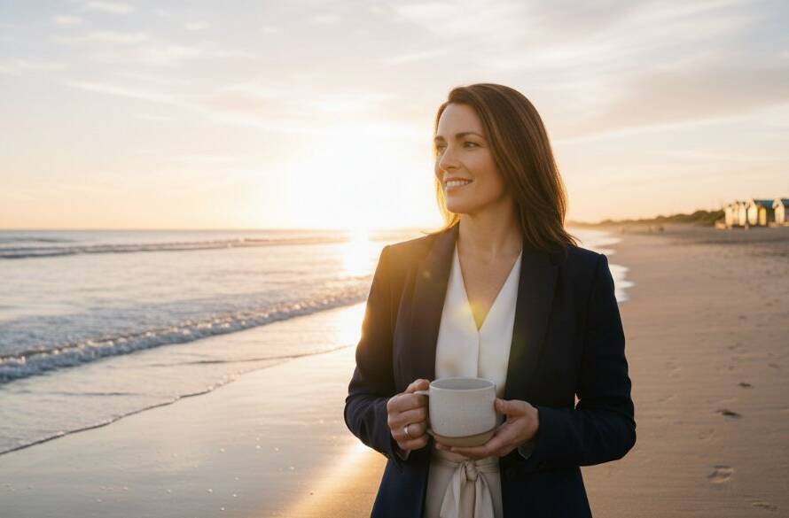 A vibrant, epic moment photograph showcasing professional Edithvale beach advertising photography for local brands, featuring a local artisan proudly displaying their handcrafted product against a dramatic sunrise over Port Phillip Bay, with golden light reflecting on the water and sand.