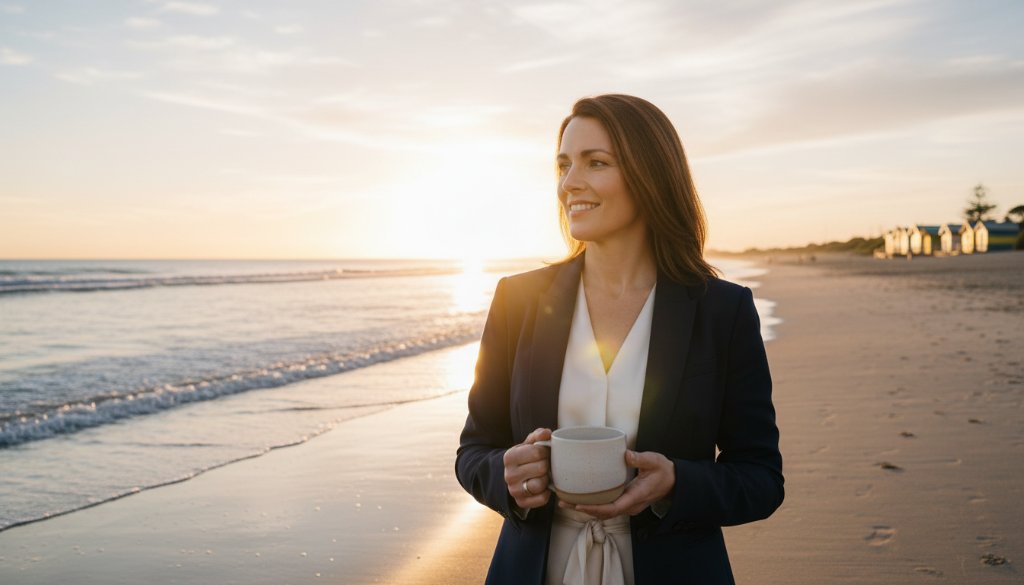 A vibrant, epic moment photograph showcasing professional Edithvale beach advertising photography for local brands, featuring a local artisan proudly displaying their handcrafted product against a dramatic sunrise over Port Phillip Bay, with golden light reflecting on the water and sand.