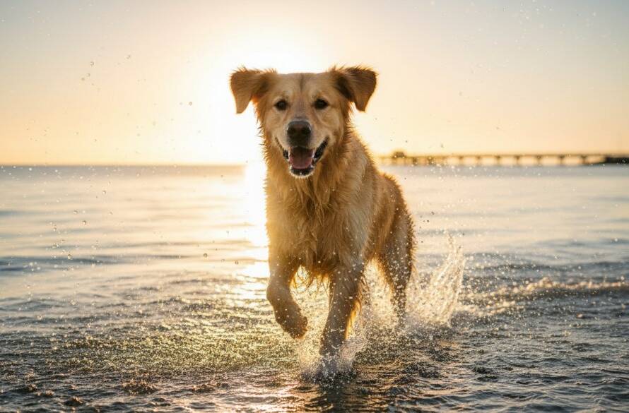 An epic moment of a golden retriever joyfully leaping through shallow waves on Edithvale Beach, capturing the essence of Edithvale beach dog photography unforgettable moments, with golden hour sunlight glinting off its fur and water splashes.