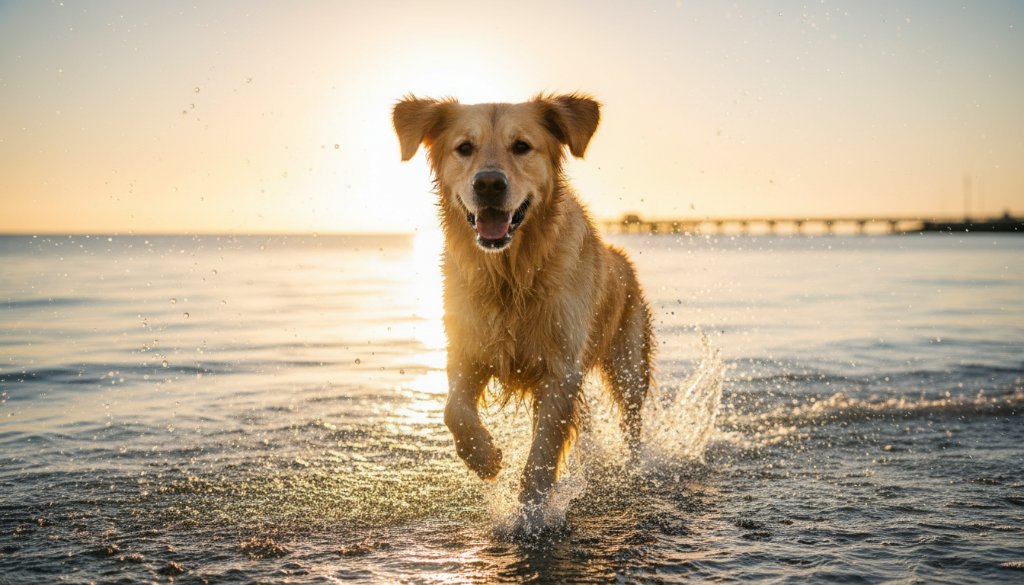 An epic moment of a golden retriever joyfully leaping through shallow waves on Edithvale Beach, capturing the essence of Edithvale beach dog photography unforgettable moments, with golden hour sunlight glinting off its fur and water splashes.