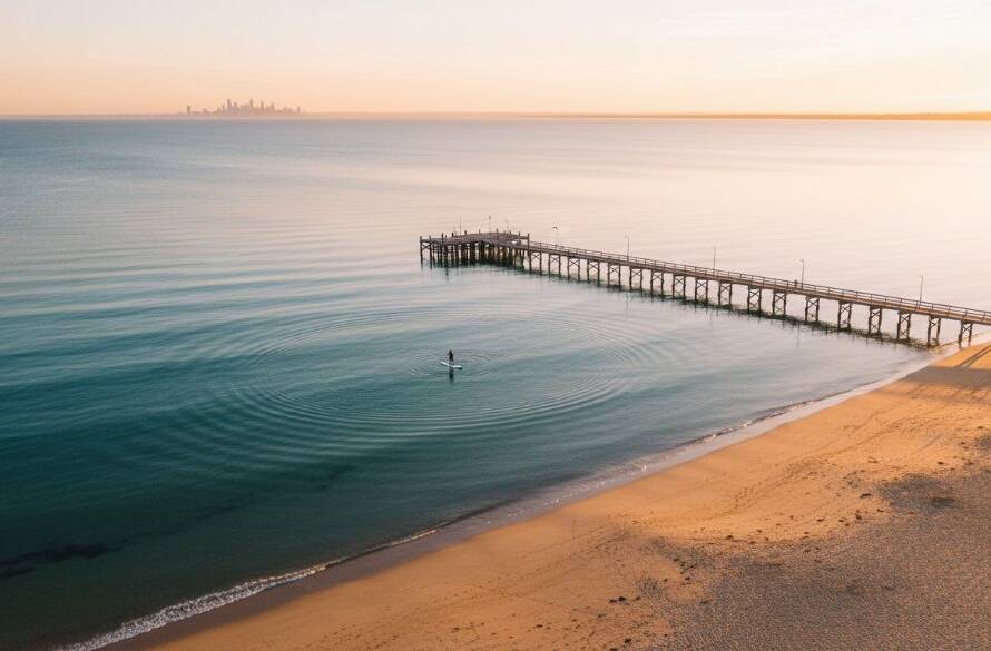 Epic drone shot showcasing the Edithvale beach drone photography stunning coastal views at sunrise, with golden light illuminating the sandy shore, calm turquoise waters, and distant Melbourne skyline, captured from a high aerial perspective.
