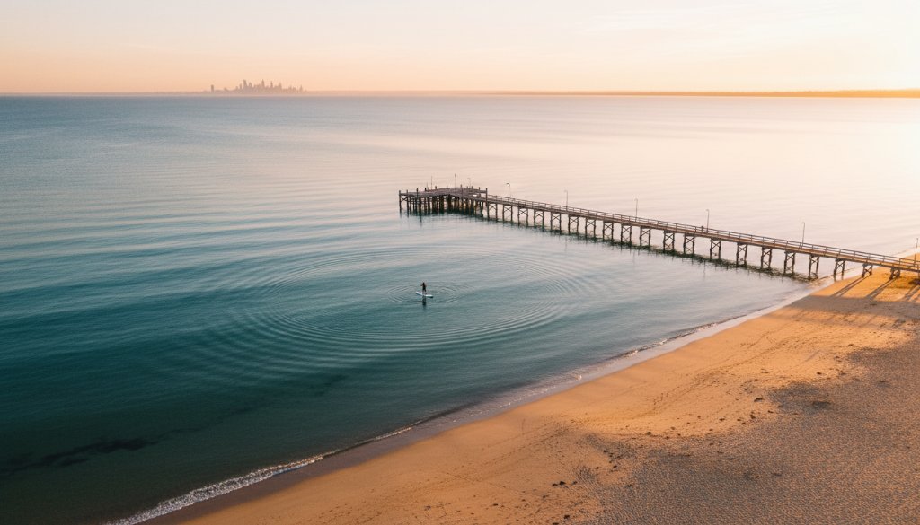 Epic drone shot showcasing the Edithvale beach drone photography stunning coastal views at sunrise, with golden light illuminating the sandy shore, calm turquoise waters, and distant Melbourne skyline, captured from a high aerial perspective.
