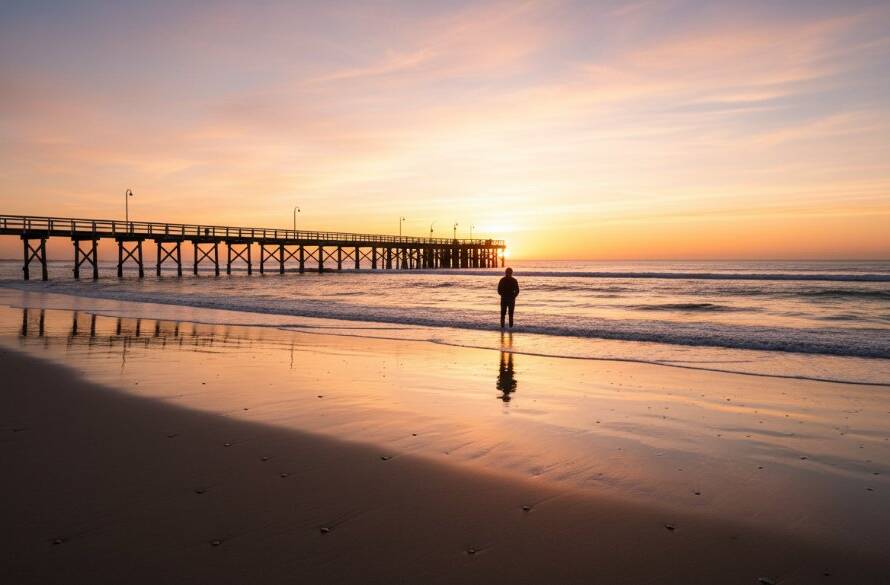 A breathtaking fine art photography print of Edithvale beach at sunrise, featuring dramatic golden light illuminating the serene coastline and a lone swimmer, capturing an epic moment of tranquility and natural beauty.