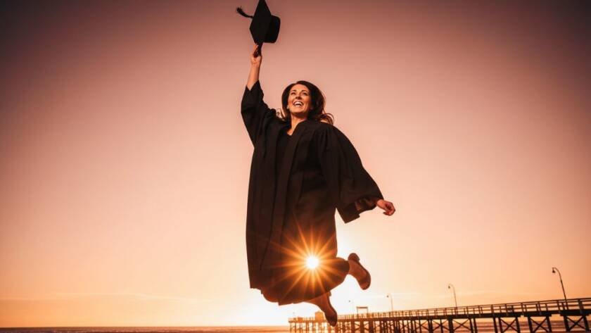 A jubilant graduate, cap thrown high, silhouetted against a golden sunset on Edithvale beach, celebrating their academic achievement. This epic moment for Edithvale beach graduation portraits Melbourne perfectly captures joy and triumph.