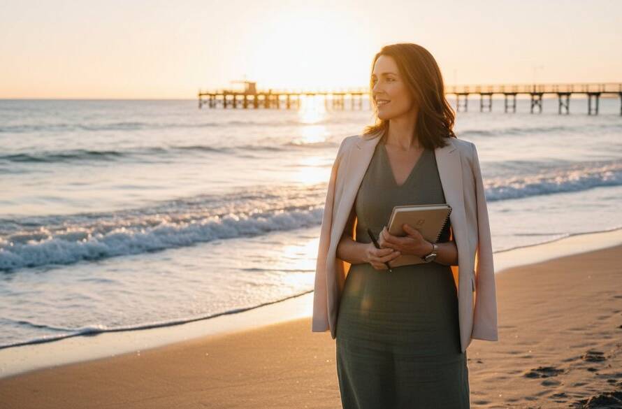 Dramatic, professional Edithvale branding photography for a local business owner, captured during a golden hour sunset on Edithvale Beach with vibrant, warm colours and a cinematic feel, showcasing their passion and brand story.