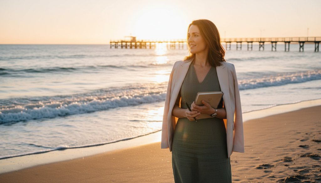 Dramatic, professional Edithvale branding photography for a local business owner, captured during a golden hour sunset on Edithvale Beach with vibrant, warm colours and a cinematic feel, showcasing their passion and brand story.