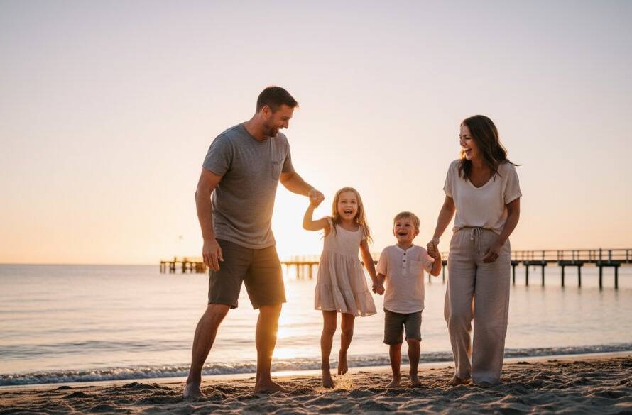 A heartwarming candid beach photography moment in Edithvale, Victoria, showing a family laughing and playing together as the sun sets over Port Phillip Bay, capturing genuine family memories with dramatic, warm lighting.