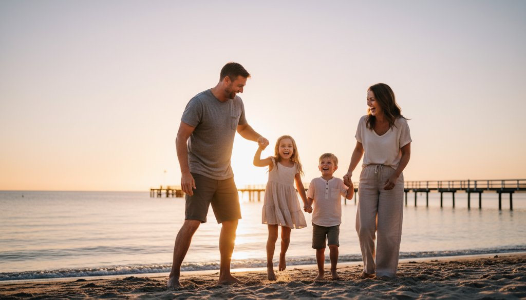A heartwarming candid beach photography moment in Edithvale, Victoria, showing a family laughing and playing together as the sun sets over Port Phillip Bay, capturing genuine family memories with dramatic, warm lighting.