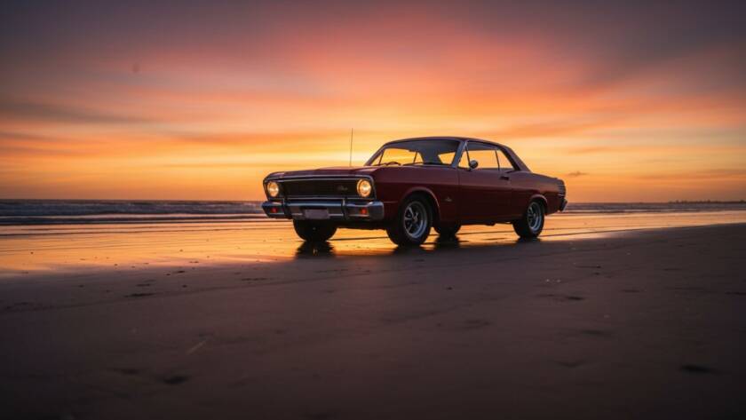 A powerful vintage muscle car gleaming under the golden light of an Edithvale classic car photography beach sunset, with waves gently lapping in the background and dramatic sky.
