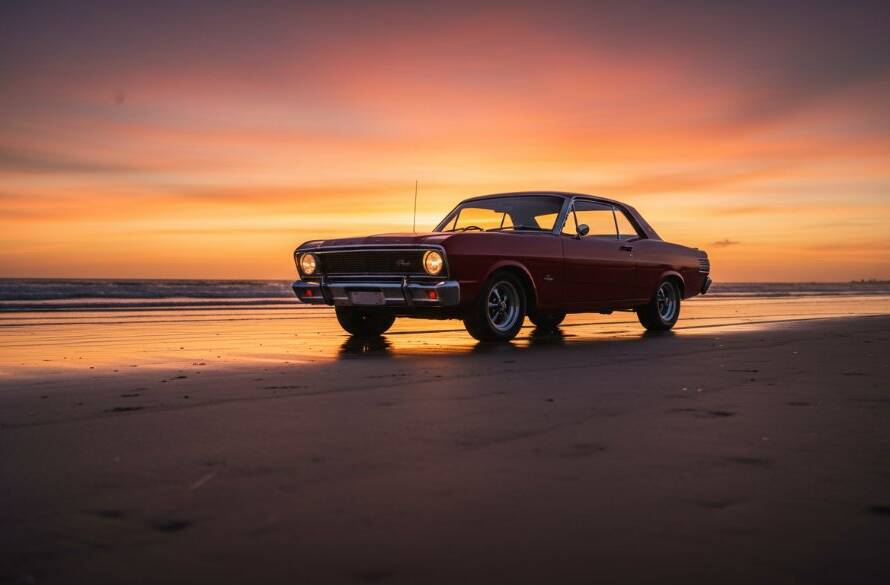 A powerful vintage muscle car gleaming under the golden light of an Edithvale classic car photography beach sunset, with waves gently lapping in the background and dramatic sky.