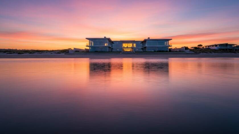 Dramatic wide-angle shot of a striking modern beachfront home in Edithvale at dawn, featuring sharp lines, large glass panels reflecting the vibrant sunrise over Port Phillip Bay, perfectly showcasing Edithvale coastal architecture photography.