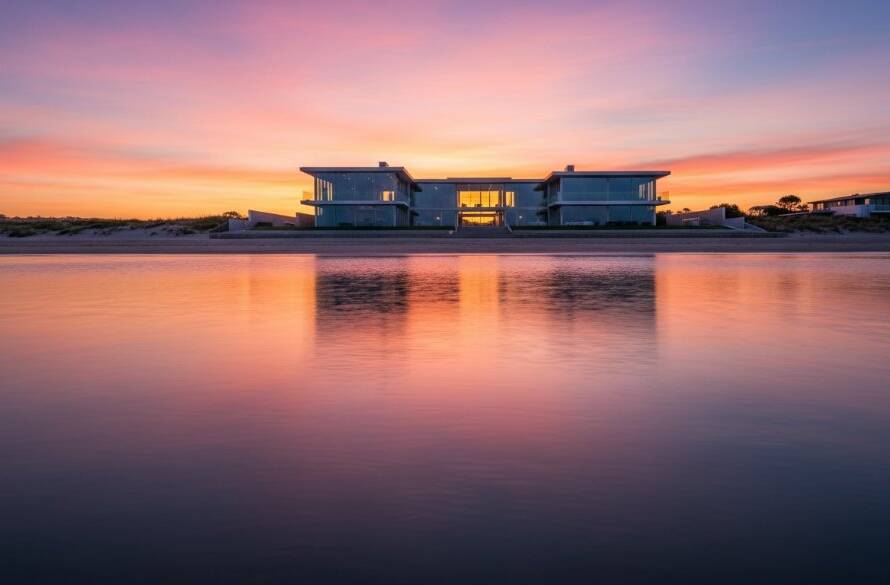 Dramatic wide-angle shot of a striking modern beachfront home in Edithvale at dawn, featuring sharp lines, large glass panels reflecting the vibrant sunrise over Port Phillip Bay, perfectly showcasing Edithvale coastal architecture photography.