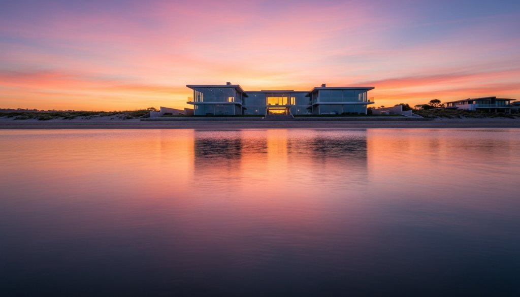 Dramatic wide-angle shot of a striking modern beachfront home in Edithvale at dawn, featuring sharp lines, large glass panels reflecting the vibrant sunrise over Port Phillip Bay, perfectly showcasing Edithvale coastal architecture photography.