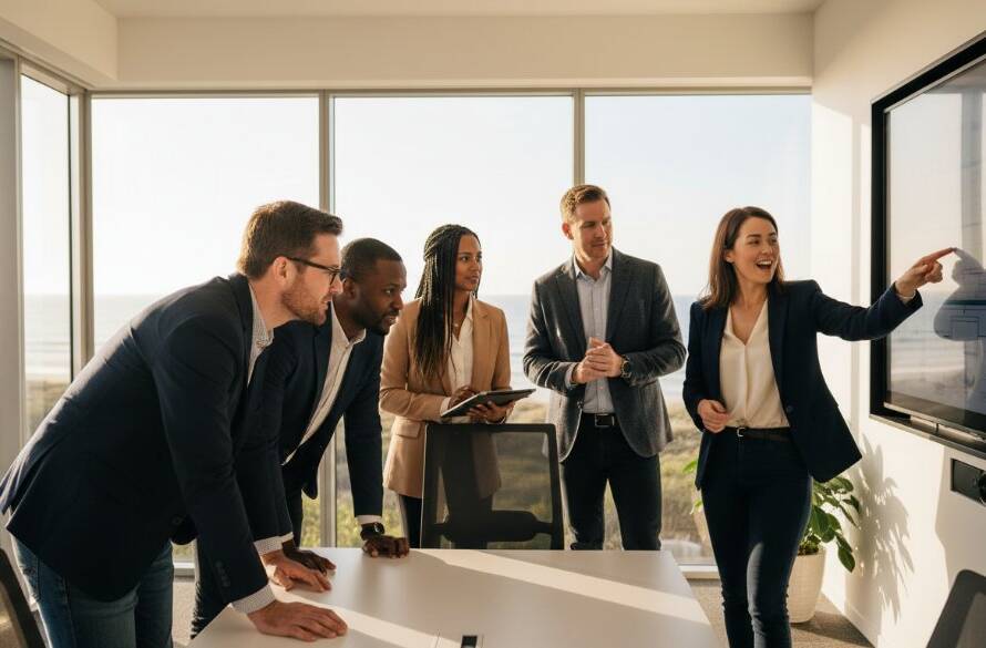 An epic moment captured in Edithvale corporate photography modern business profiles, featuring a diverse team collaborating dynamically in a bright, modern office with subtle hints of the beachside locale through large windows, bathed in cinematic natural light, showcasing innovation and success.