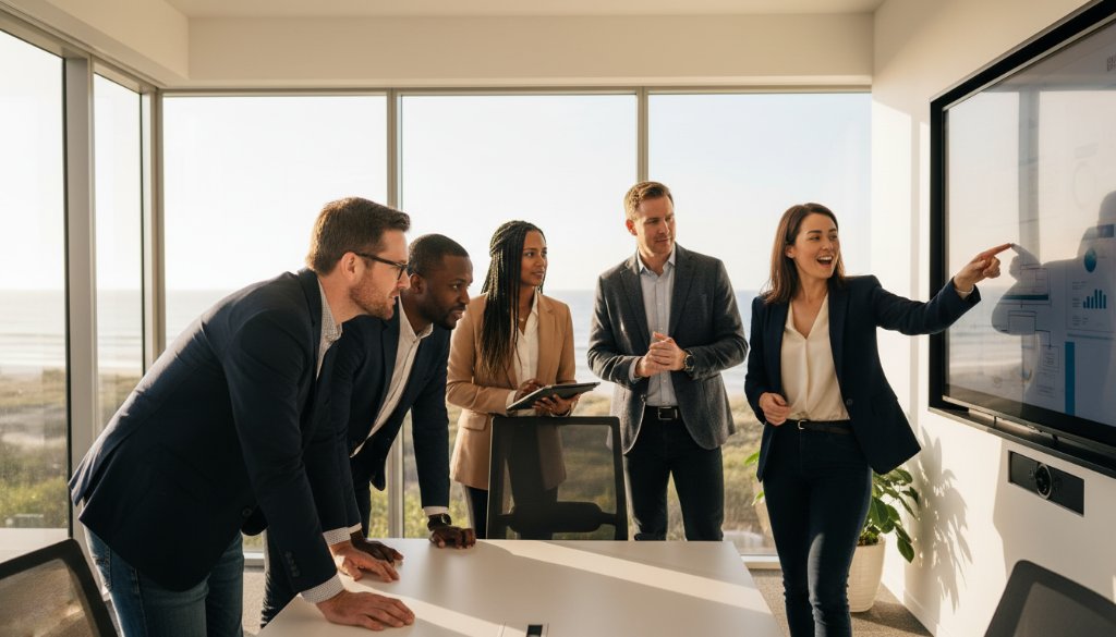 An epic moment captured in Edithvale corporate photography modern business profiles, featuring a diverse team collaborating dynamically in a bright, modern office with subtle hints of the beachside locale through large windows, bathed in cinematic natural light, showcasing innovation and success.