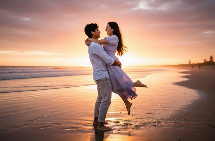 An intimate and joyful couple embracing on the sandy Edithvale foreshore at sunset, silhouetted against a dramatic orange and purple sky, captured with stunning professional Edithvale foreshore sunset engagement photography.