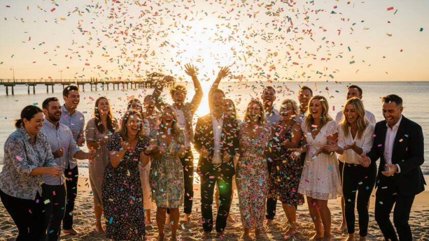 A stunning wide-angle shot of a joyful group celebrating at a beachside party in Edithvale, Victoria, with the sunset casting golden light over the ocean and a burst of confetti in the air, captured by an Edithvale Party Photography Capturing Coastal Celebrations specialist.