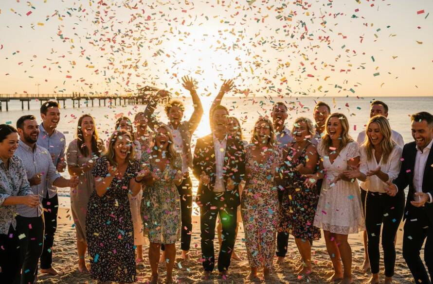 A stunning wide-angle shot of a joyful group celebrating at a beachside party in Edithvale, Victoria, with the sunset casting golden light over the ocean and a burst of confetti in the air, captured by an Edithvale Party Photography Capturing Coastal Celebrations specialist.