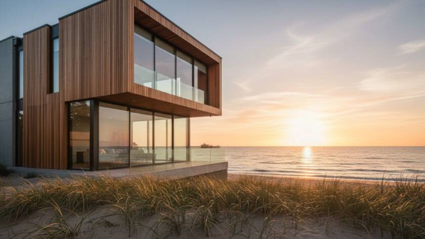 An epic, wide-angle, professionally colour-graded photograph showcasing a stunning modern Edithvale premium beachside property photography moment at sunrise, with golden light reflecting on the bay, highlighting architectural details and the sparkling water.