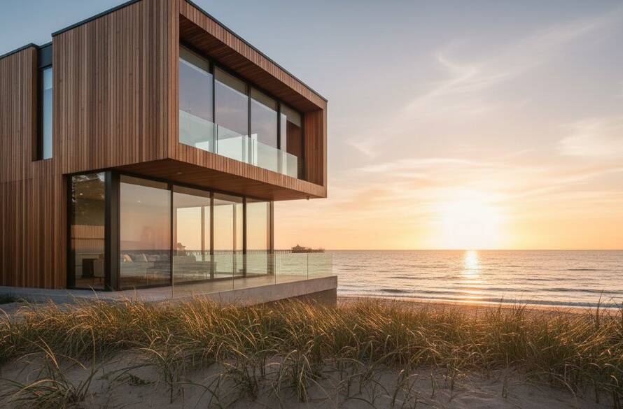An epic, wide-angle, professionally colour-graded photograph showcasing a stunning modern Edithvale premium beachside property photography moment at sunrise, with golden light reflecting on the bay, highlighting architectural details and the sparkling water.
