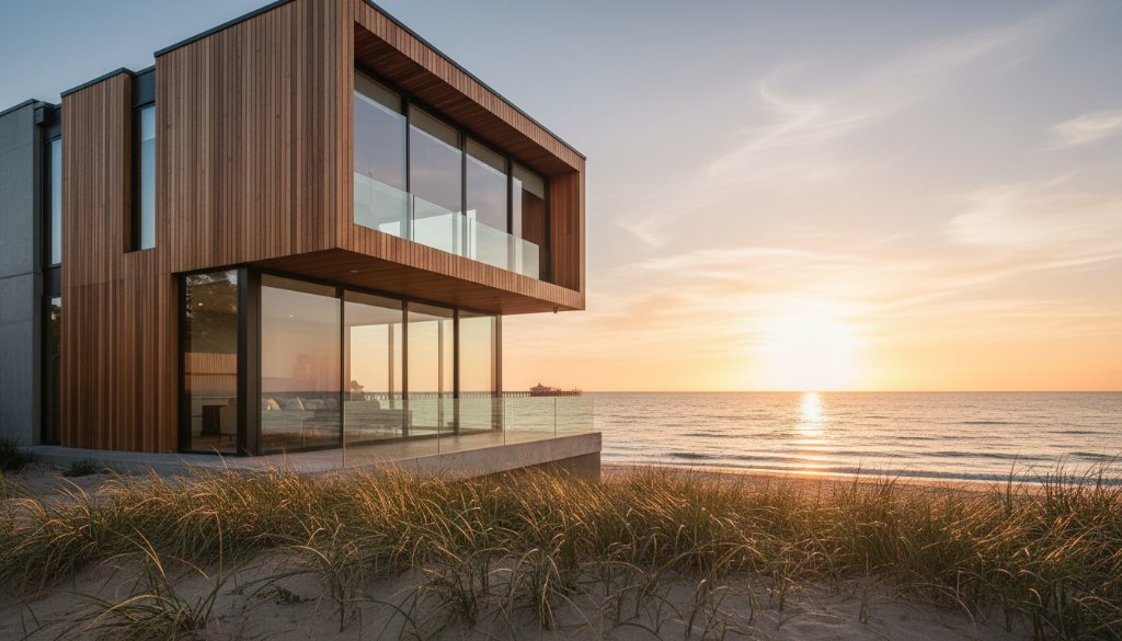 An epic, wide-angle, professionally colour-graded photograph showcasing a stunning modern Edithvale premium beachside property photography moment at sunrise, with golden light reflecting on the bay, highlighting architectural details and the sparkling water.