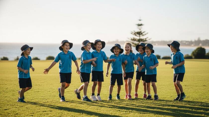 An epic moment captured during Edithvale primary school photography excellence, showing a group of diverse students laughing joyfully on the sunny school oval, with the iconic Edithvale Beach horizon subtly visible in the background, dramatic golden hour light, professional cinematic colour grading.
