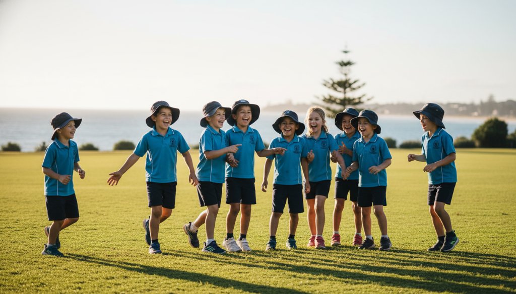 An epic moment captured during Edithvale primary school photography excellence, showing a group of diverse students laughing joyfully on the sunny school oval, with the iconic Edithvale Beach horizon subtly visible in the background, dramatic golden hour light, professional cinematic colour grading.