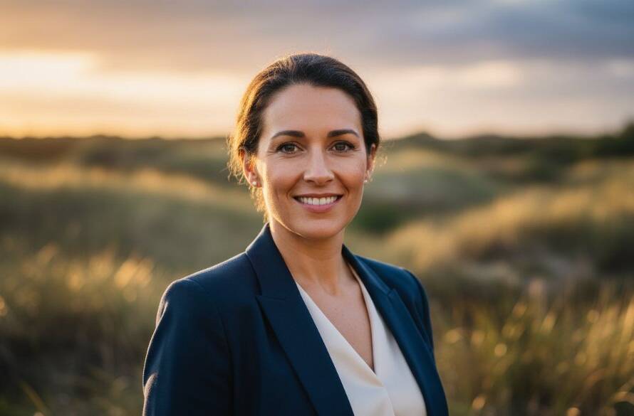 A confident professional in Edithvale receiving their stunning headshots for career advancement, captured in a dramatic, softly lit portrait that highlights their ambition and professionalism.