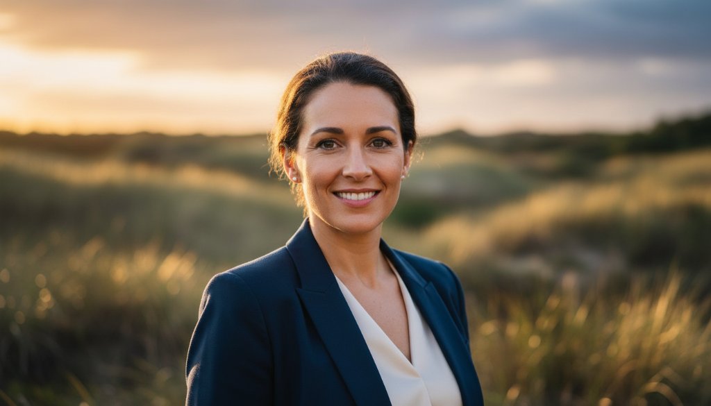 A confident professional in Edithvale receiving their stunning headshots for career advancement, captured in a dramatic, softly lit portrait that highlights their ambition and professionalism.