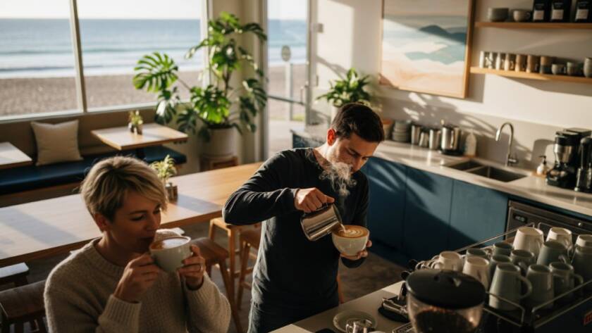 A high-angle, cinematic shot of a vibrant cafe interior in Edithvale, showcasing a barista expertly crafting a coffee with steam rising, a blurred customer enjoying the ambiance in the foreground, and the cafe's unique decor. The warm morning light streams through large windows overlooking the beach, highlighting the inviting atmosphere. The overall mood is bustling and authentic, capturing the essence of 'Edithvale small business photography to boost local brand'.